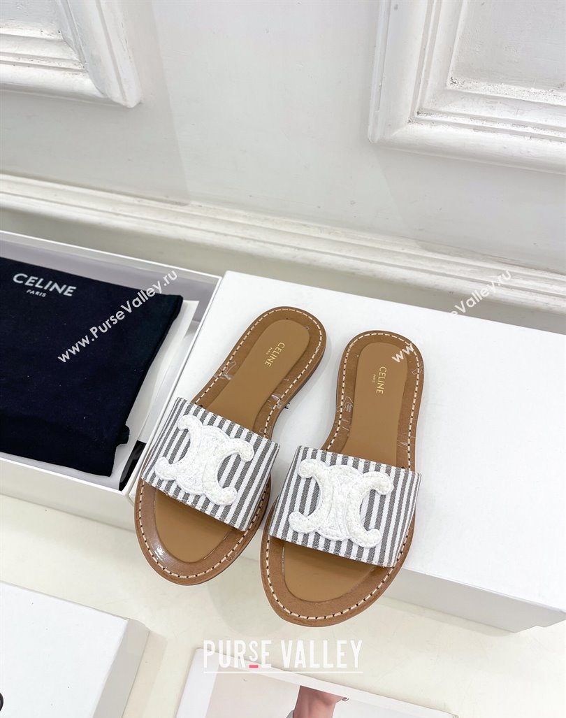 Celine Lympia Flat Slides Sandal in Striped Canvas Grey 2024 081302 (MD-240813042)