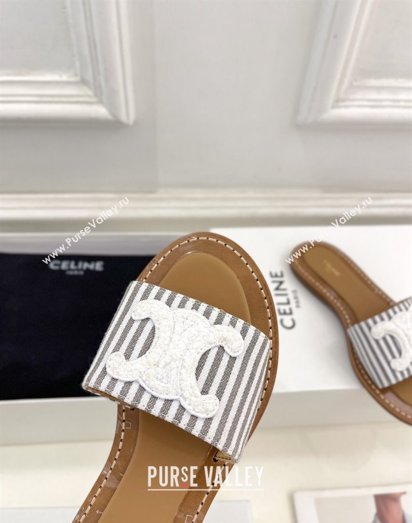 Celine Lympia Flat Slides Sandal in Striped Canvas Grey 2024 081302 (MD-240813042)