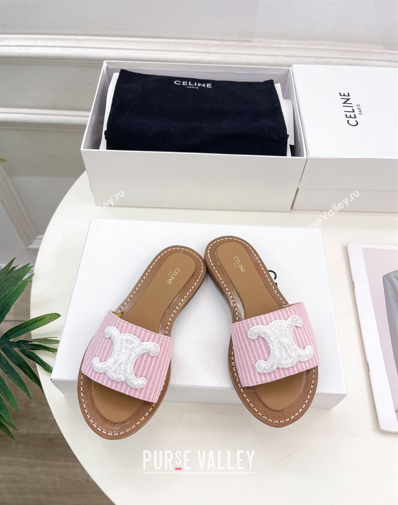 Celine Lympia Flat Slides Sandal in Striped Canvas Pink 2024 081302 (MD-240813043)