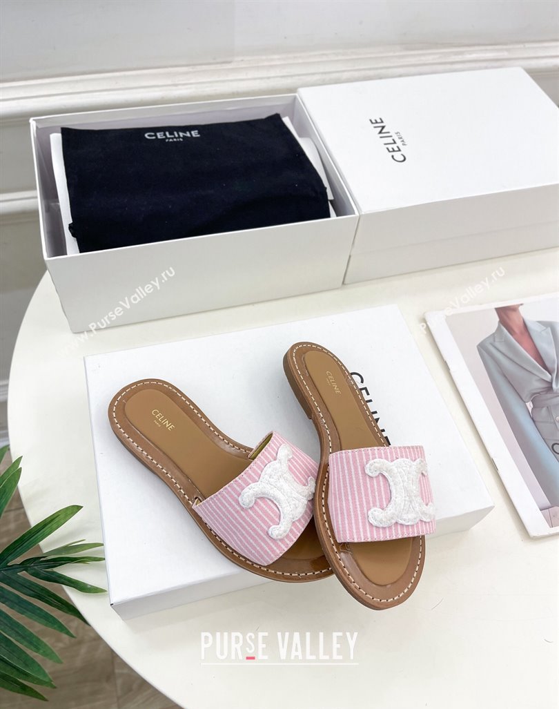 Celine Lympia Flat Slides Sandal in Striped Canvas Pink 2024 081302 (MD-240813043)