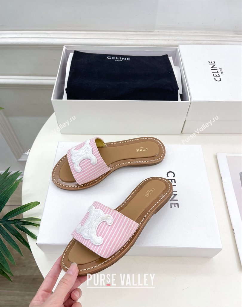 Celine Lympia Flat Slides Sandal in Striped Canvas Pink 2024 081302 (MD-240813043)