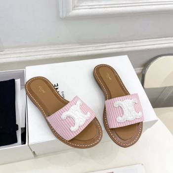 Celine Lympia Flat Slides Sandal in Striped Canvas Pink 2024 081302 (MD-240813043)