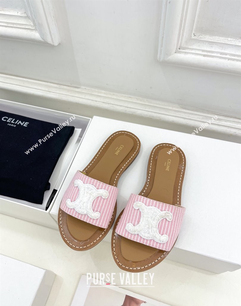 Celine Lympia Flat Slides Sandal in Striped Canvas Pink 2024 081302 (MD-240813043)