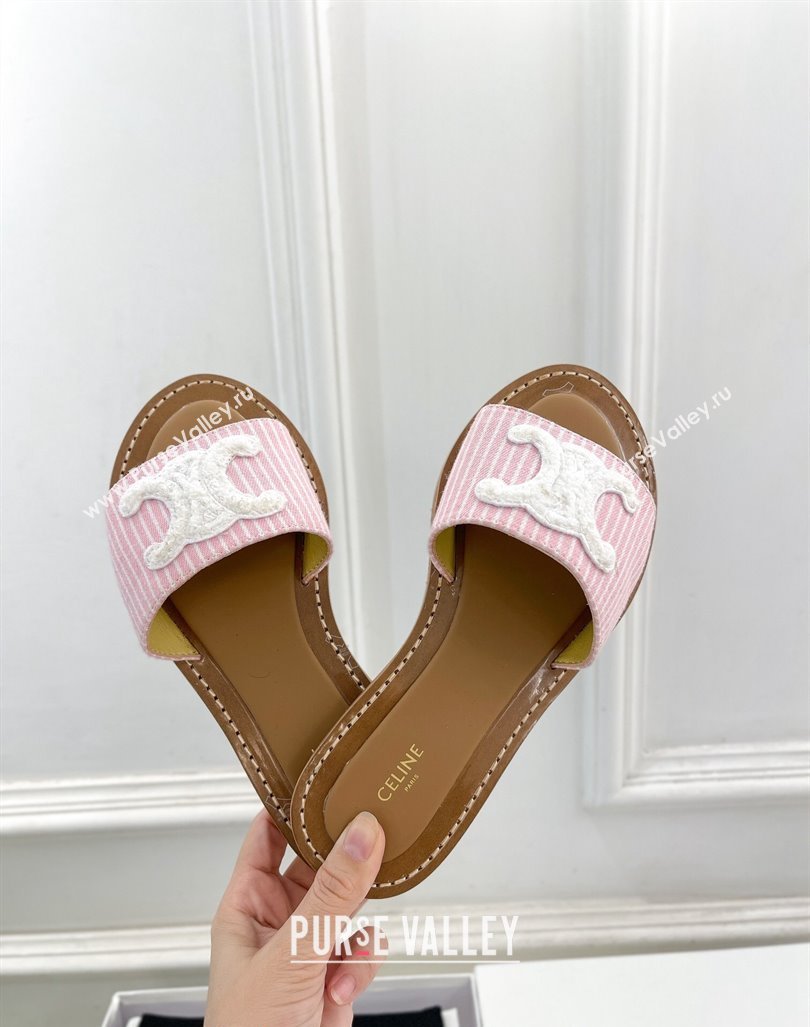 Celine Lympia Flat Slides Sandal in Striped Canvas Pink 2024 081302 (MD-240813043)