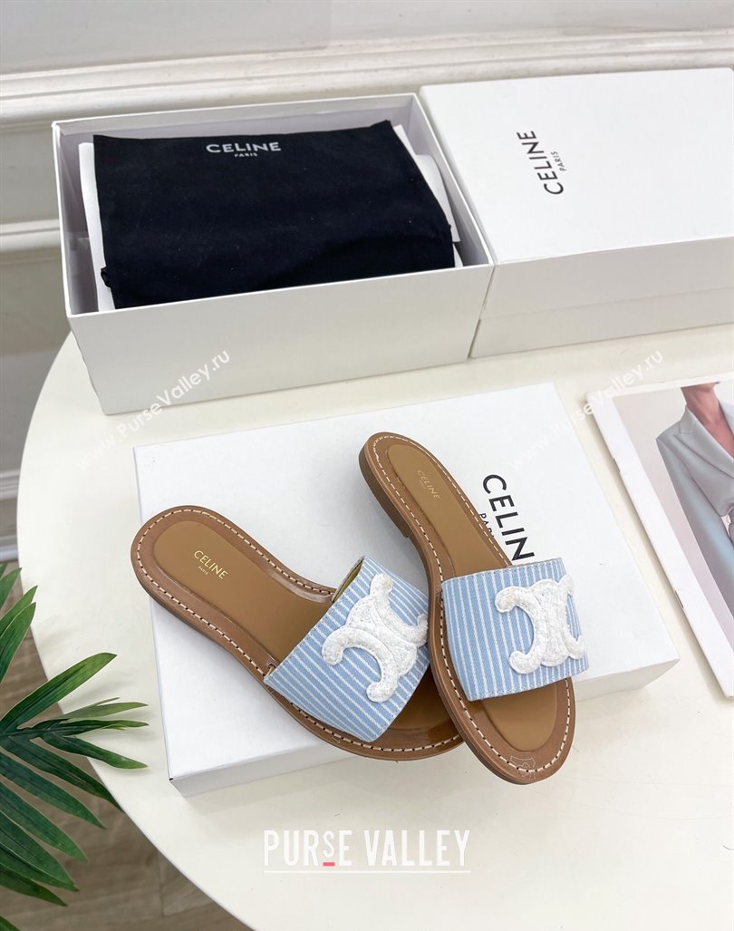 Celine Lympia Flat Slides Sandal in Striped Canvas Blue 2024 081302 (MD-240813044)