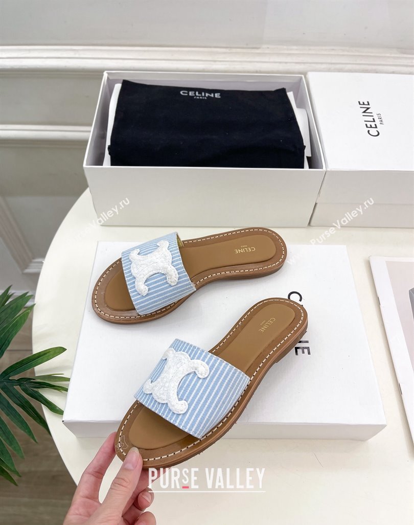 Celine Lympia Flat Slides Sandal in Striped Canvas Blue 2024 081302 (MD-240813044)