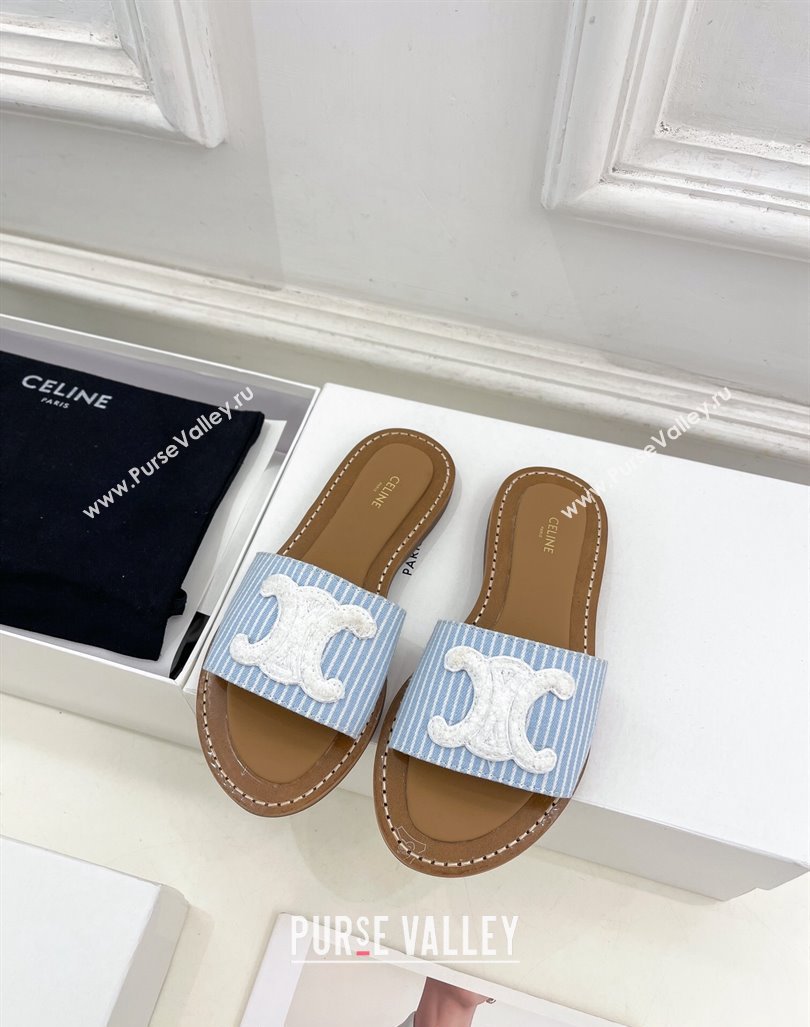 Celine Lympia Flat Slides Sandal in Striped Canvas Blue 2024 081302 (MD-240813044)