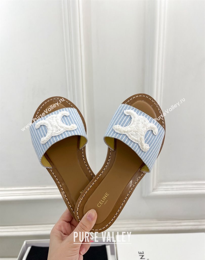 Celine Lympia Flat Slides Sandal in Striped Canvas Blue 2024 081302 (MD-240813044)