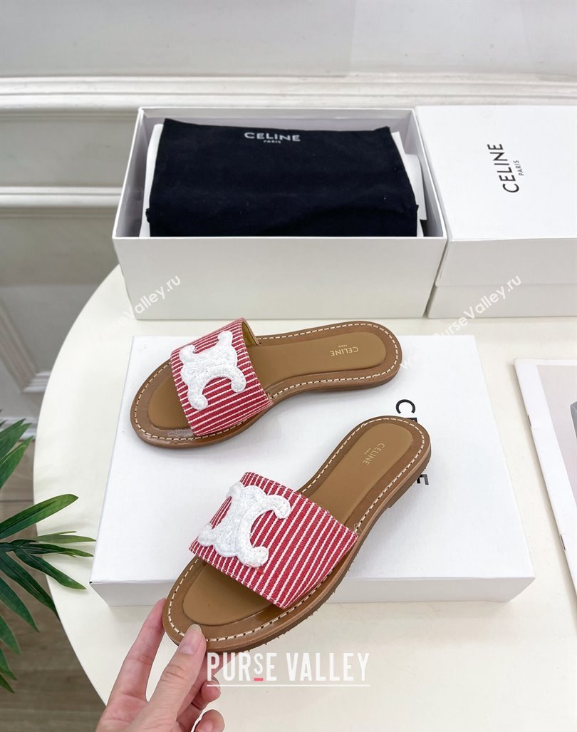 Celine Lympia Flat Slides Sandal in Striped Canvas Red 2024 081302 (MD-240813045)