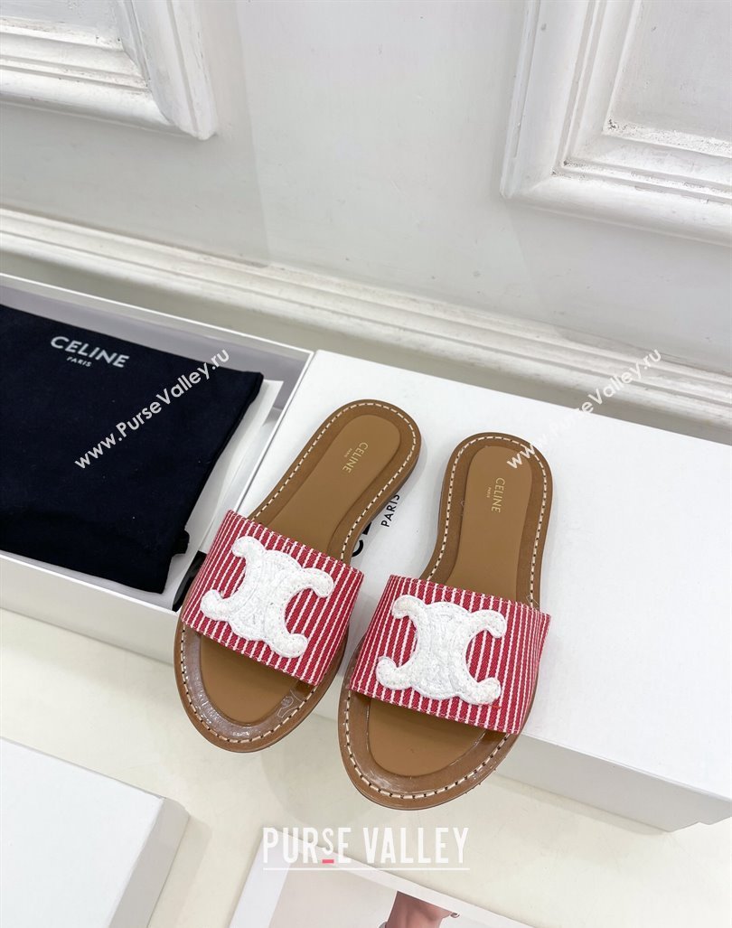 Celine Lympia Flat Slides Sandal in Striped Canvas Red 2024 081302 (MD-240813045)