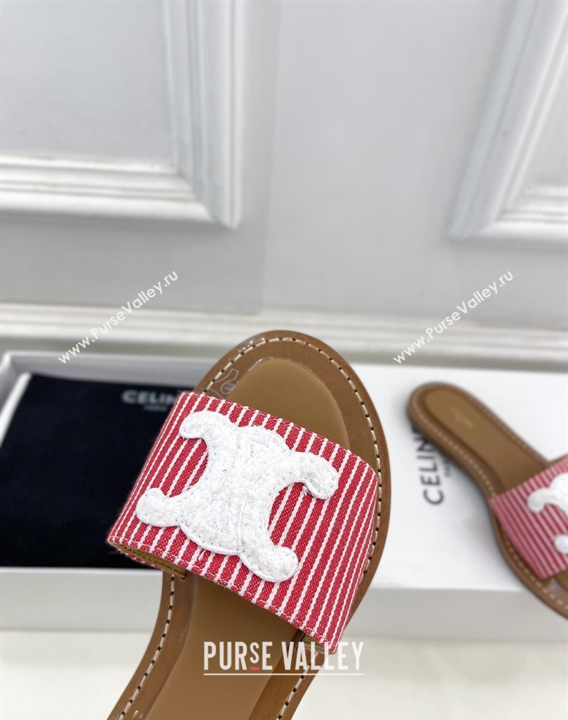 Celine Lympia Flat Slides Sandal in Striped Canvas Red 2024 081302 (MD-240813045)