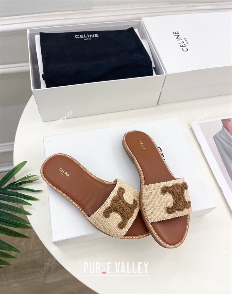 Celine Lympia Flat Slides Sandal in Raffia Straw Beige/Dark Brown 2024 081302 (MD-240813046)