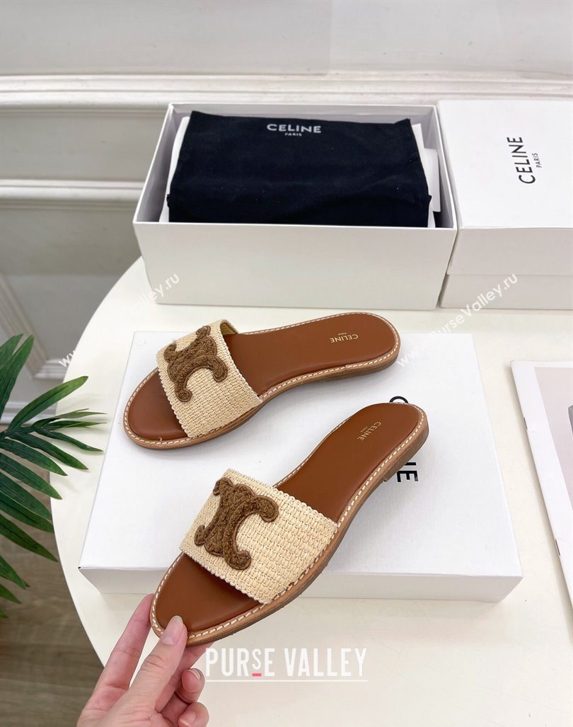 Celine Lympia Flat Slides Sandal in Raffia Straw Beige/Dark Brown 2024 081302 (MD-240813046)