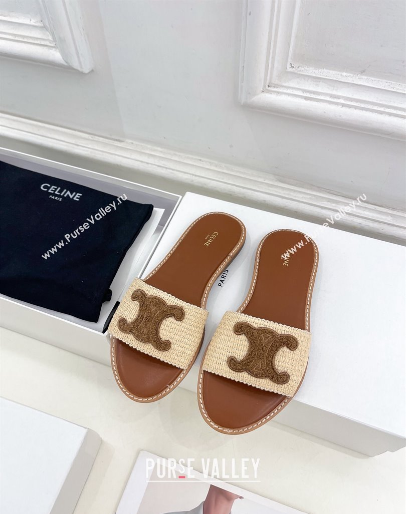 Celine Lympia Flat Slides Sandal in Raffia Straw Beige/Dark Brown 2024 081302 (MD-240813046)