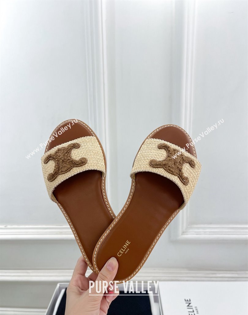 Celine Lympia Flat Slides Sandal in Raffia Straw Beige/Dark Brown 2024 081302 (MD-240813046)