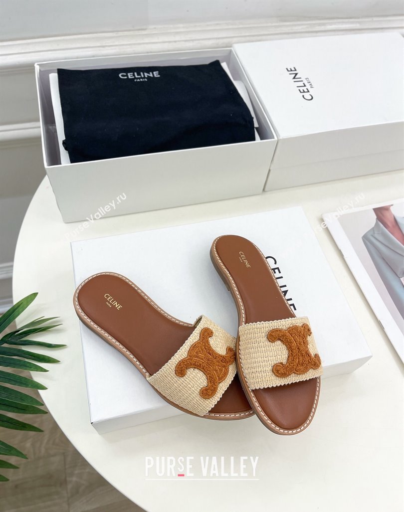 Celine Lympia Flat Slides Sandal in Raffia Straw Beige/Tan Brown 2024 081302 (MD-240813047)