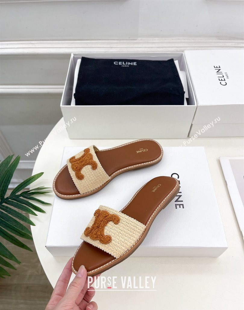 Celine Lympia Flat Slides Sandal in Raffia Straw Beige/Tan Brown 2024 081302 (MD-240813047)