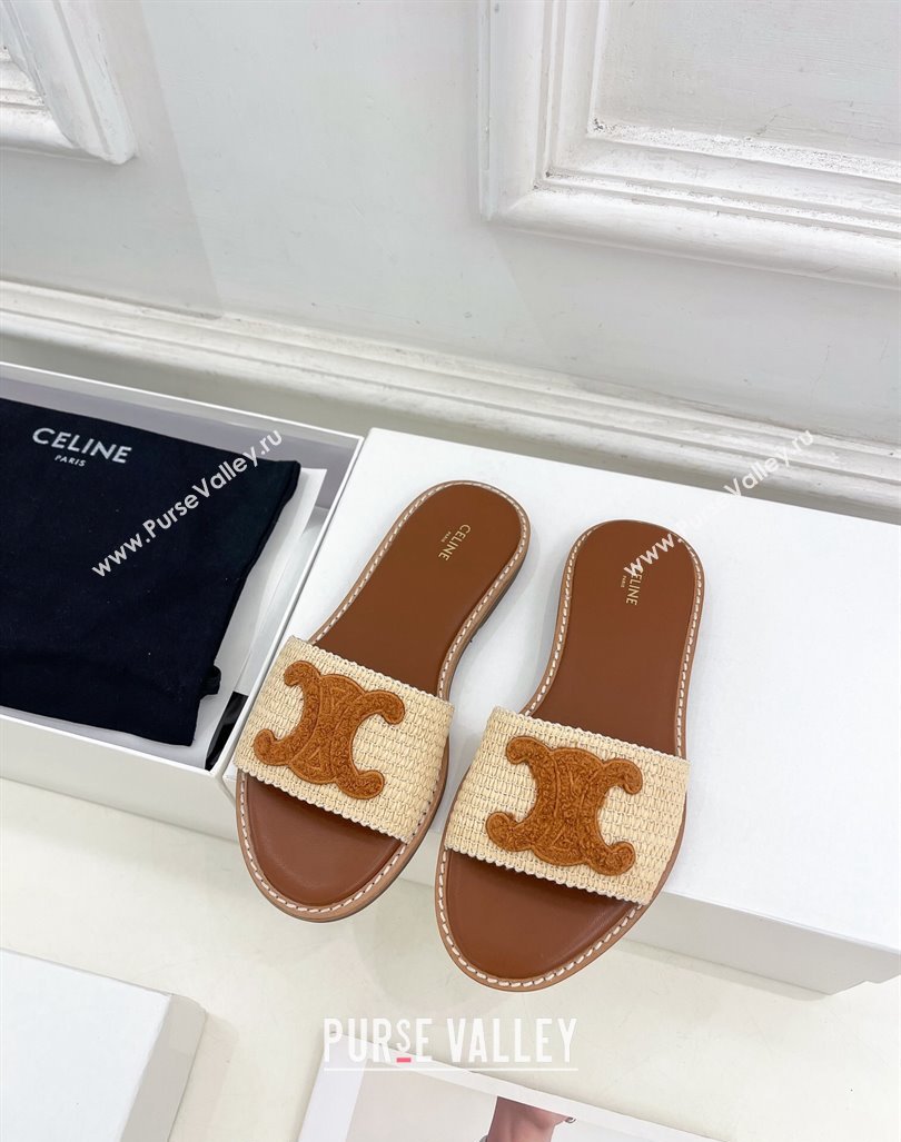 Celine Lympia Flat Slides Sandal in Raffia Straw Beige/Tan Brown 2024 081302 (MD-240813047)