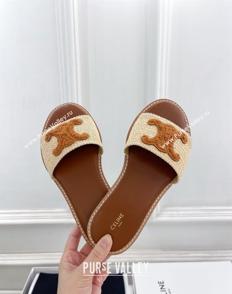 Celine Lympia Flat Slides Sandal in Raffia Straw Beige/Tan Brown 2024 081302 (MD-240813047)