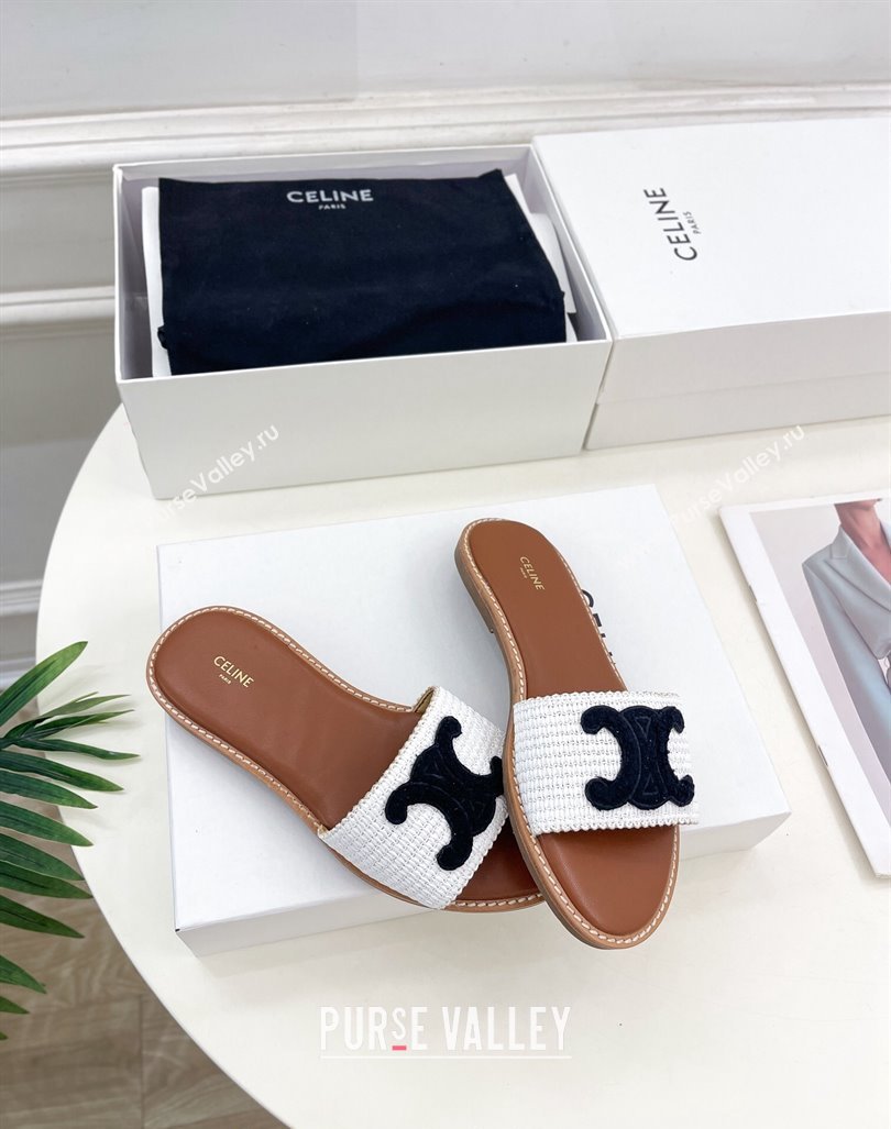 Celine Lympia Flat Slides Sandal in Raffia Straw White/Black2 2024 081302 (MD-240813049)