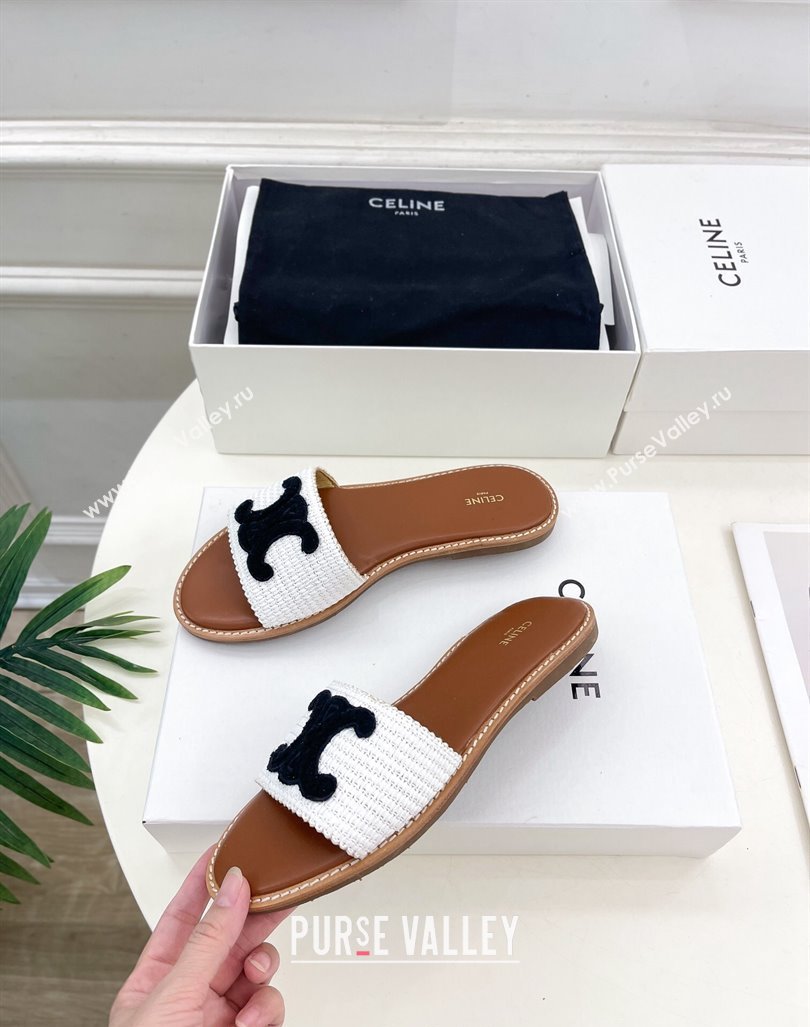 Celine Lympia Flat Slides Sandal in Raffia Straw White/Black2 2024 081302 (MD-240813049)