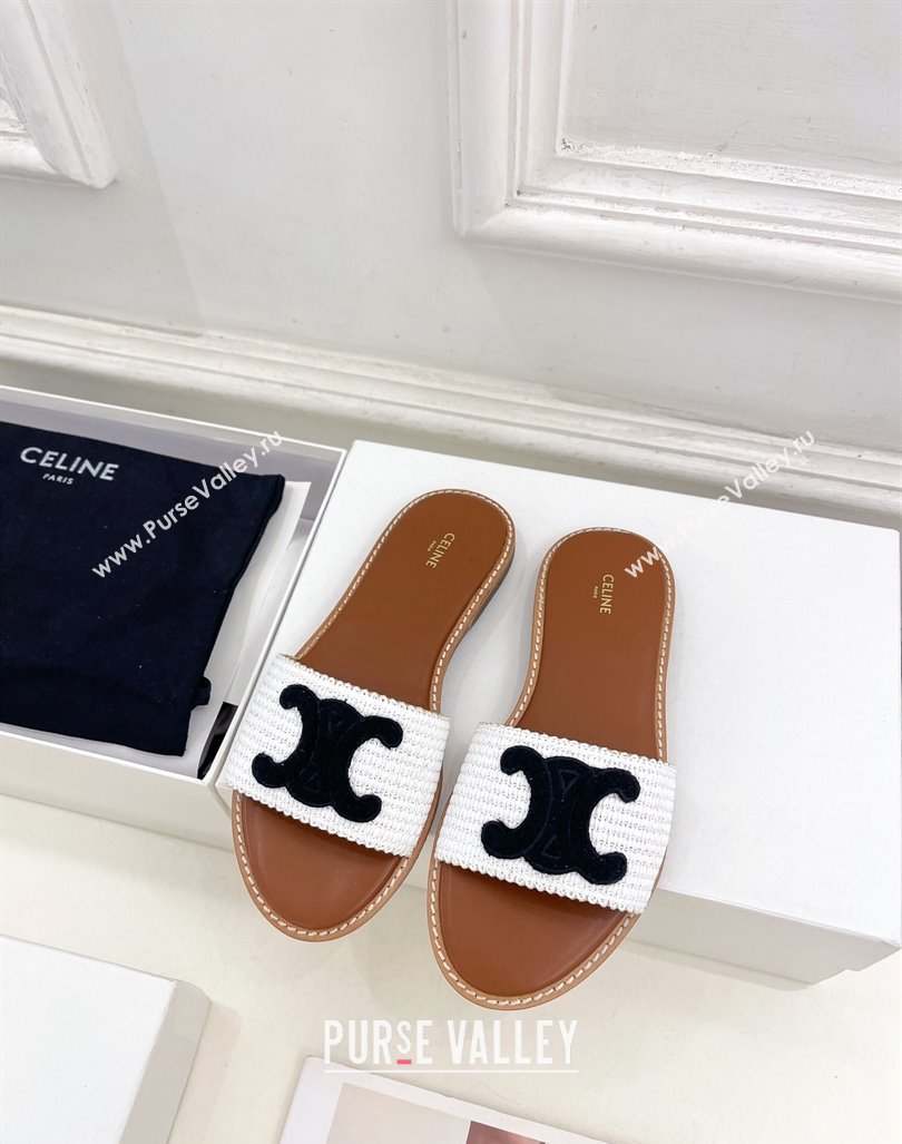 Celine Lympia Flat Slides Sandal in Raffia Straw White/Black2 2024 081302 (MD-240813049)