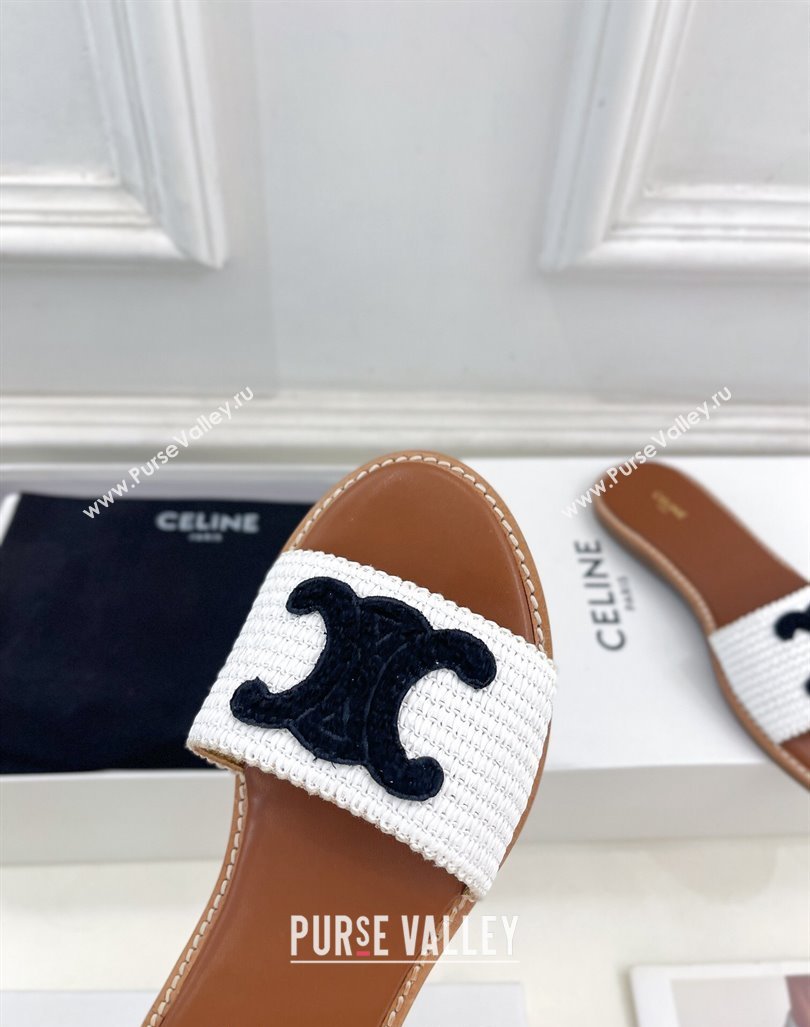 Celine Lympia Flat Slides Sandal in Raffia Straw White/Black2 2024 081302 (MD-240813049)