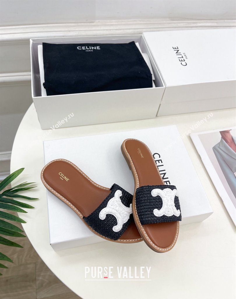 Celine Lympia Flat Slides Sandal in Raffia Straw Black/White2 2024 081302 (MD-240813050)