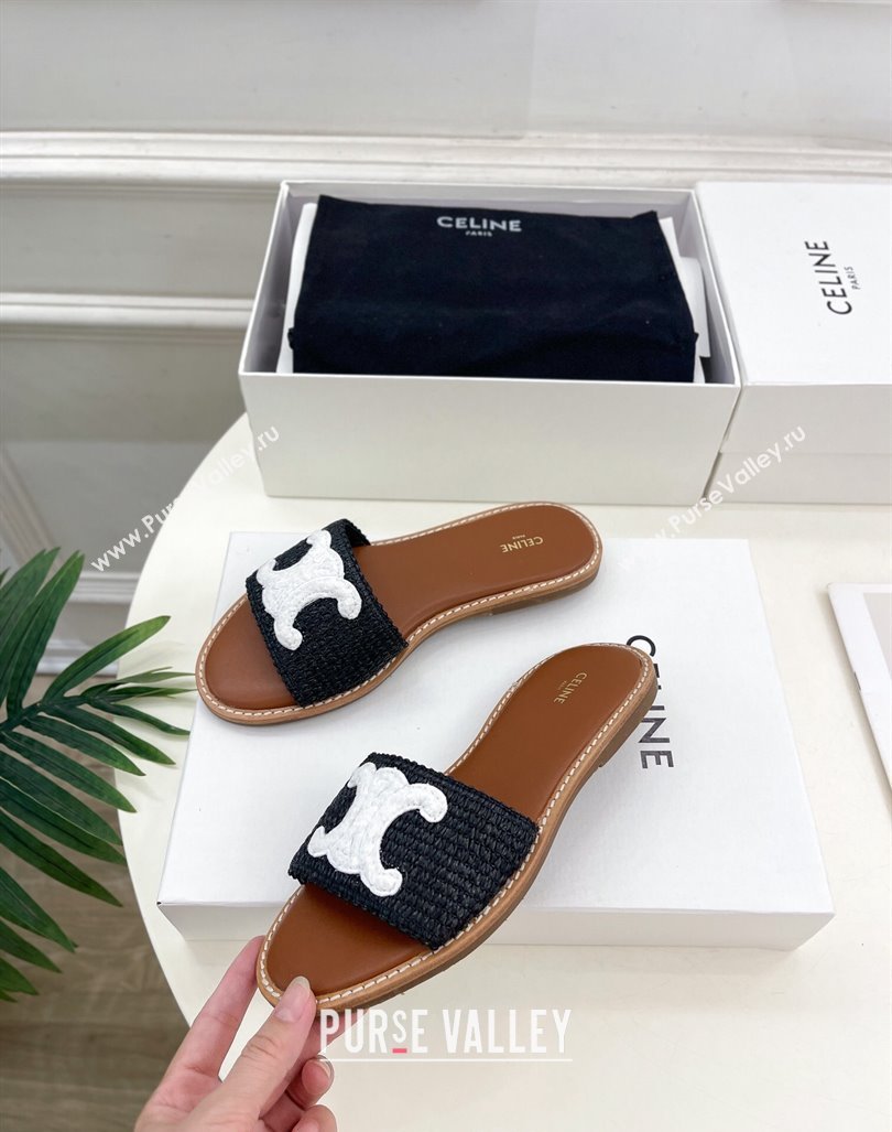 Celine Lympia Flat Slides Sandal in Raffia Straw Black/White2 2024 081302 (MD-240813050)