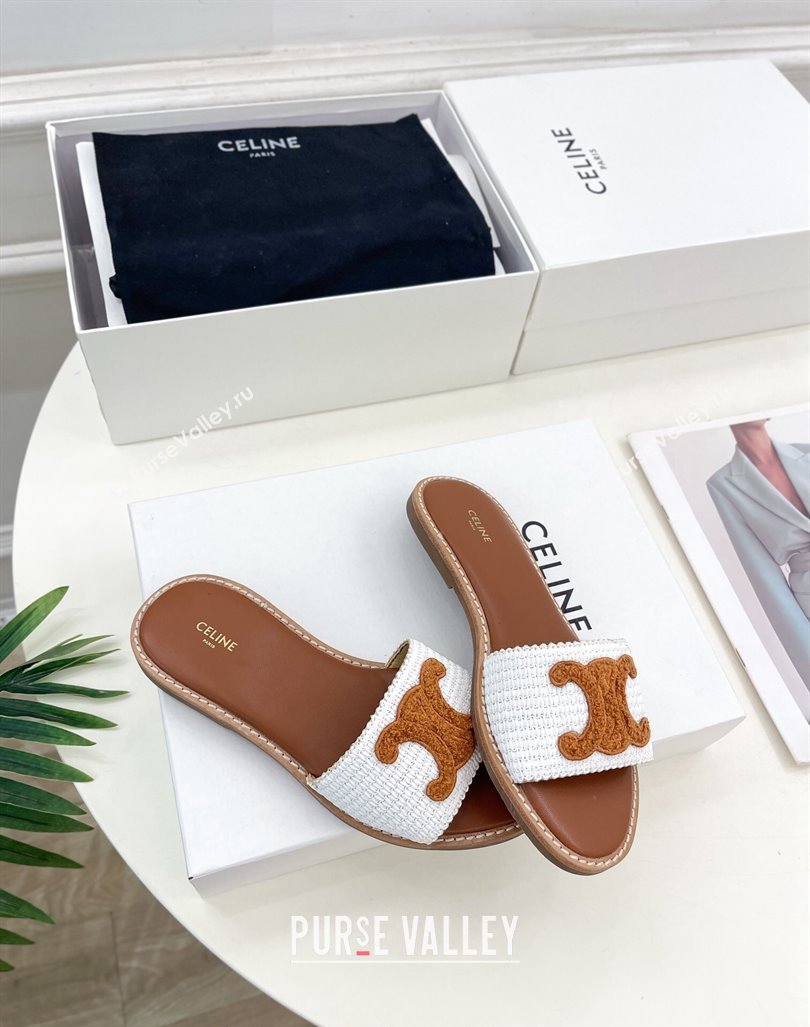 Celine Lympia Flat Slides Sandal in Raffia Straw White/Brown 2024 081302 (MD-240813051)