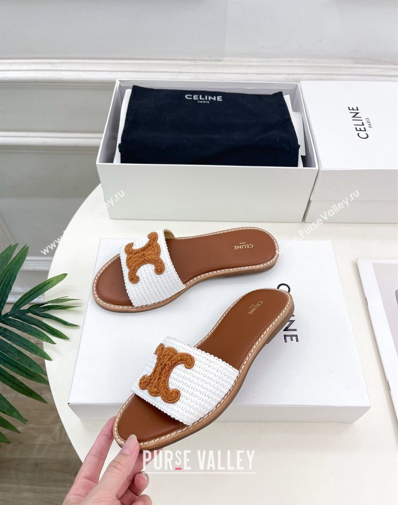 Celine Lympia Flat Slides Sandal in Raffia Straw White/Brown 2024 081302 (MD-240813051)