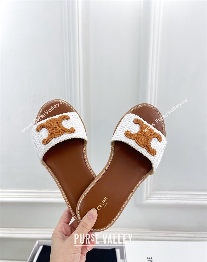 Celine Lympia Flat Slides Sandal in Raffia Straw White/Brown 2024 081302 (MD-240813051)