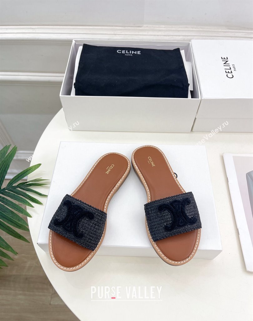 Celine Lympia Flat Slides Sandal in Raffia Straw Black 2024 081302 (MD-240813052)