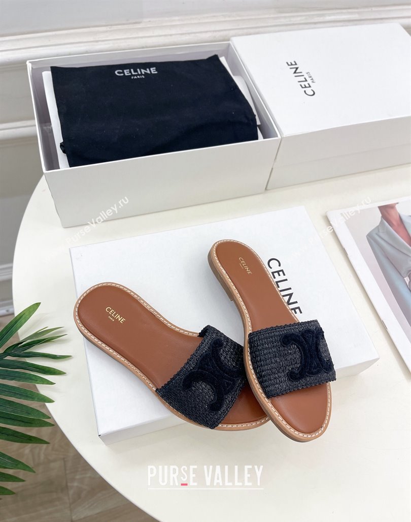 Celine Lympia Flat Slides Sandal in Raffia Straw Black 2024 081302 (MD-240813052)