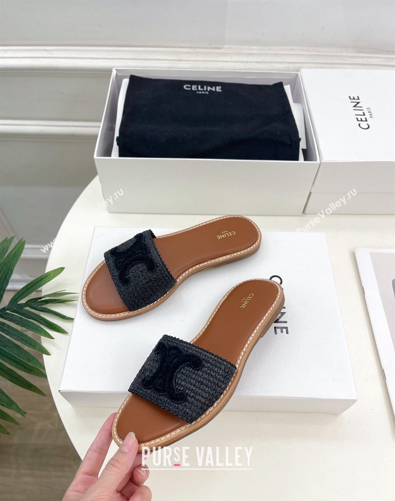 Celine Lympia Flat Slides Sandal in Raffia Straw Black 2024 081302 (MD-240813052)