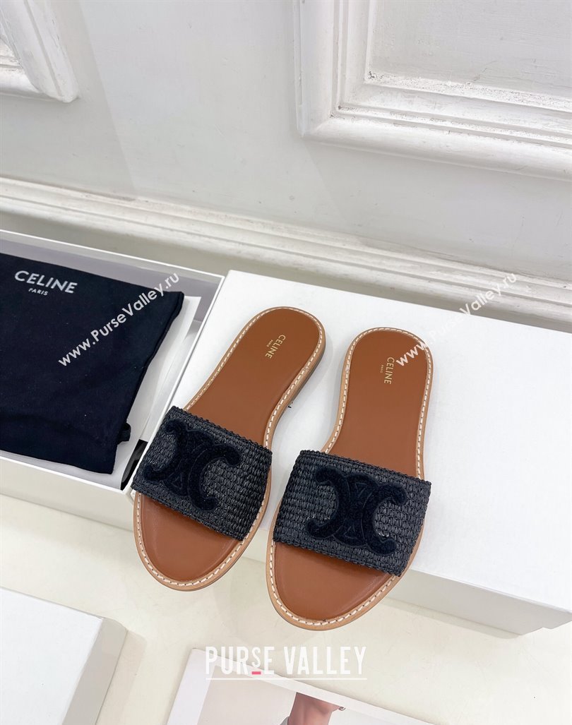 Celine Lympia Flat Slides Sandal in Raffia Straw Black 2024 081302 (MD-240813052)