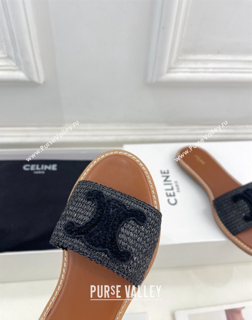 Celine Lympia Flat Slides Sandal in Raffia Straw Black 2024 081302 (MD-240813052)