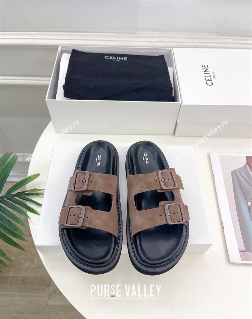 Celine Suede Flat Slides Sandal with Double Buckle Strap Brown 2024 081303 (MD-240813053)