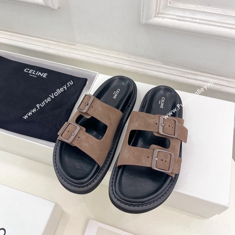 Celine Suede Flat Slides Sandal with Double Buckle Strap Brown 2024 081303 (MD-240813053)