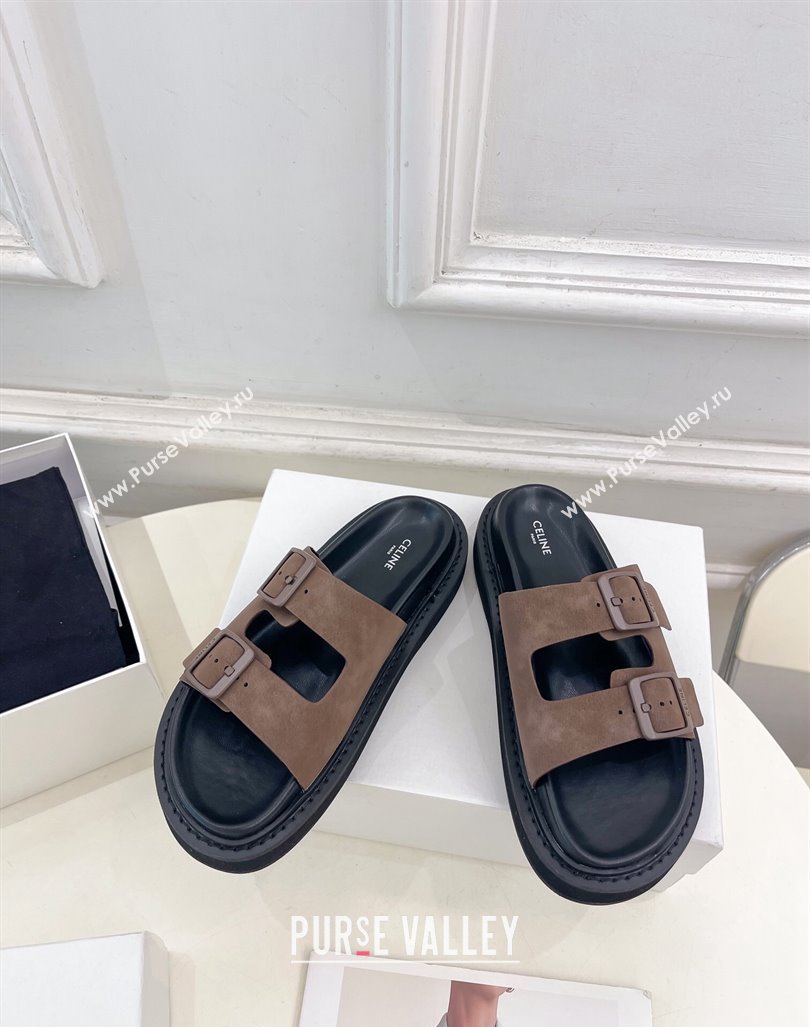 Celine Suede Flat Slides Sandal with Double Buckle Strap Brown 2024 081303 (MD-240813053)