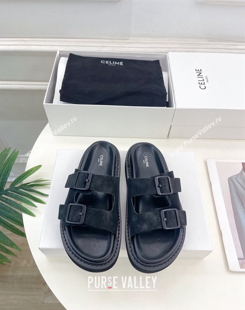 Celine Suede Flat Slides Sandal with Double Buckle Strap Black 2024 081303 (MD-240813054)