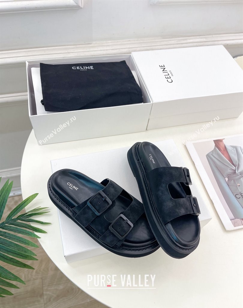 Celine Suede Flat Slides Sandal with Double Buckle Strap Black 2024 081303 (MD-240813054)