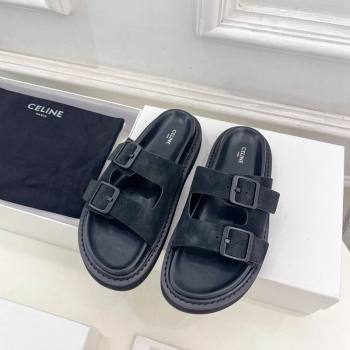 Celine Suede Flat Slides Sandal with Double Buckle Strap Black 2024 081303 (MD-240813054)