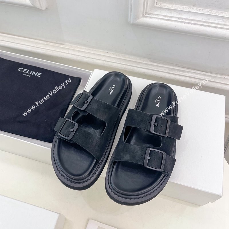 Celine Suede Flat Slides Sandal with Double Buckle Strap Black 2024 081303 (MD-240813054)