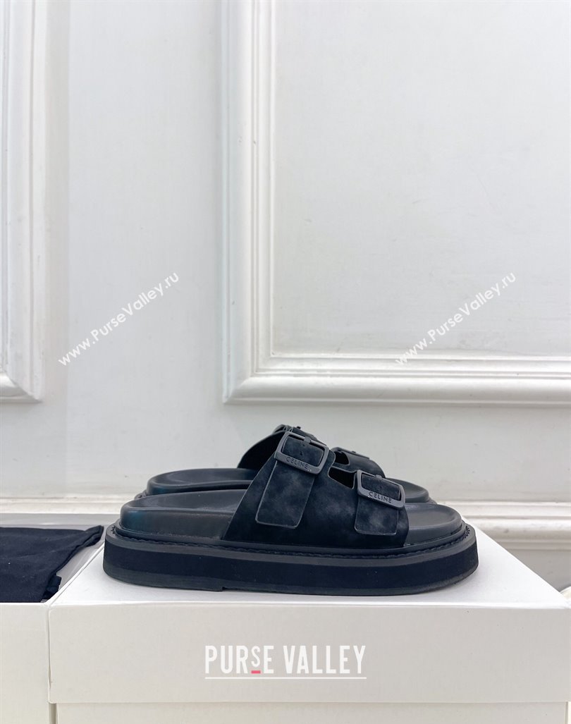 Celine Suede Flat Slides Sandal with Double Buckle Strap Black 2024 081303 (MD-240813054)