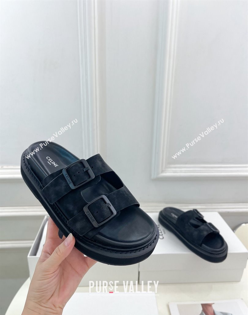 Celine Suede Flat Slides Sandal with Double Buckle Strap Black 2024 081303 (MD-240813054)