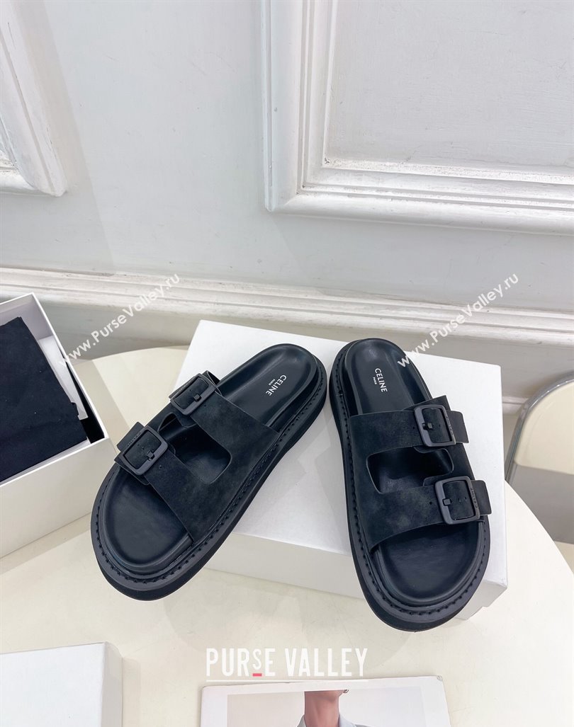 Celine Suede Flat Slides Sandal with Double Buckle Strap Black 2024 081303 (MD-240813054)