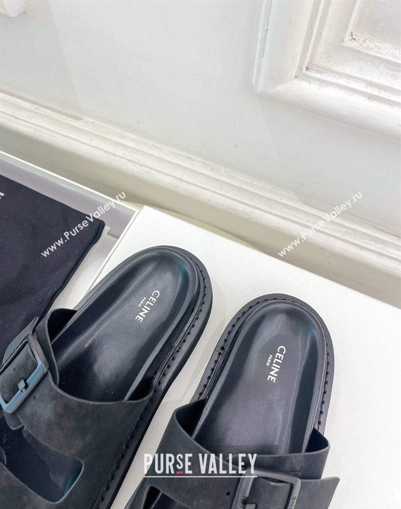 Celine Suede Flat Slides Sandal with Double Buckle Strap Black 2024 081303 (MD-240813054)