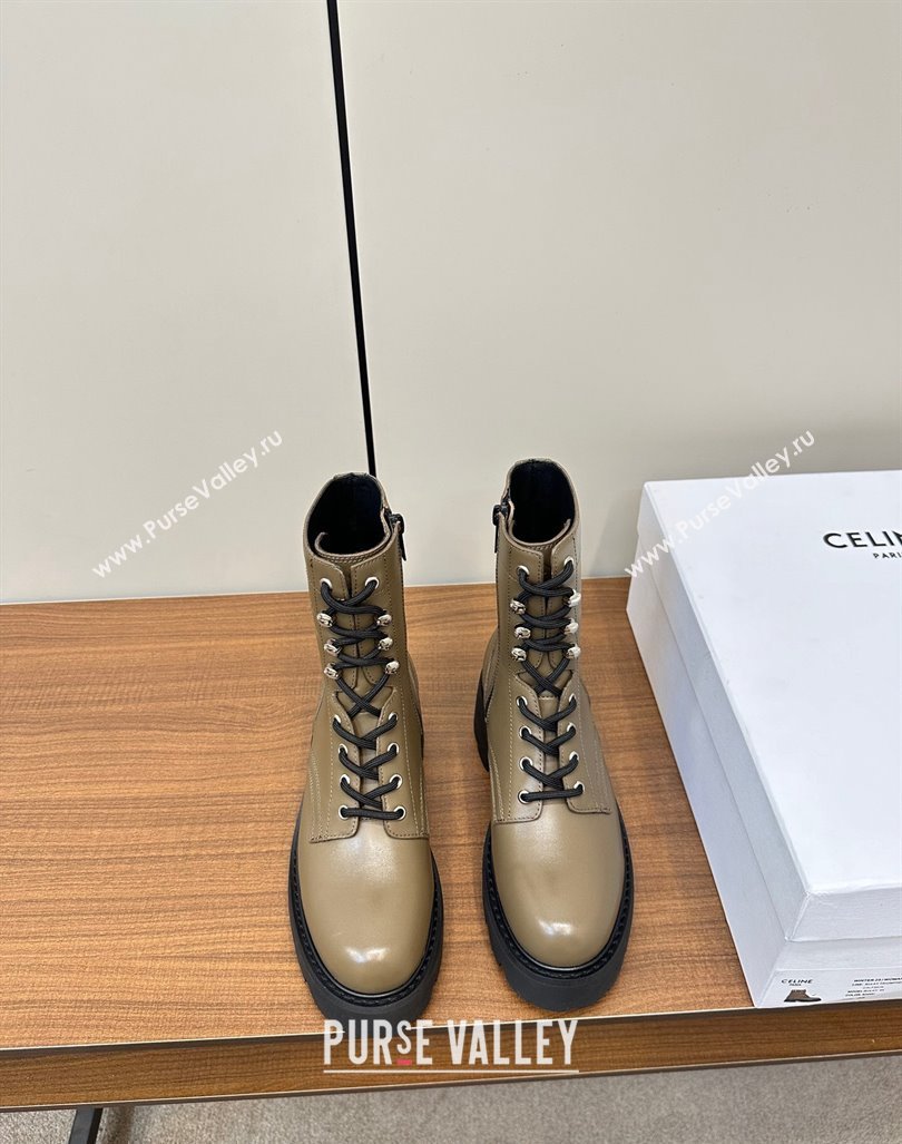 Celine Triomphe Rangers Mid Lace-up Boots 5cm in Calfskin Khaki Green 2024 071903 (MD-240813025)