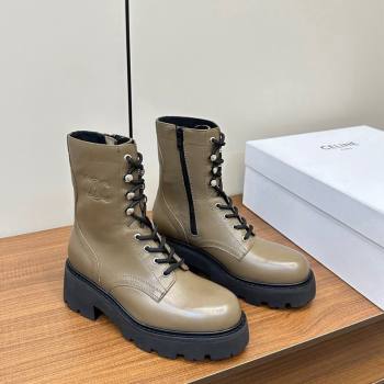 Celine Triomphe Rangers Mid Lace-up Boots 5cm in Calfskin Khaki Green 2024 071903 (MD-240813025)